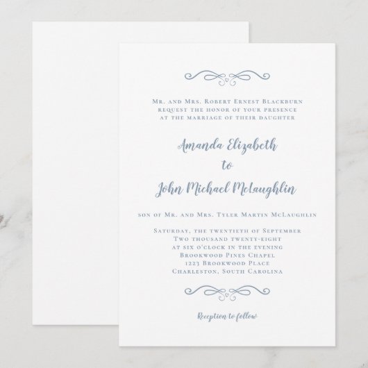 Invitation Classic Formal élégant Dusty Mariage de script ble (Devant / Derrière)