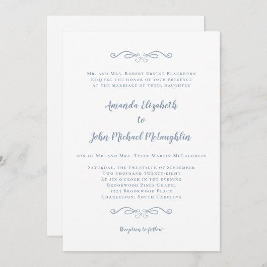 Invitation Classic Formal élégant Dusty Mariage de script ble (Devant / Derrière)