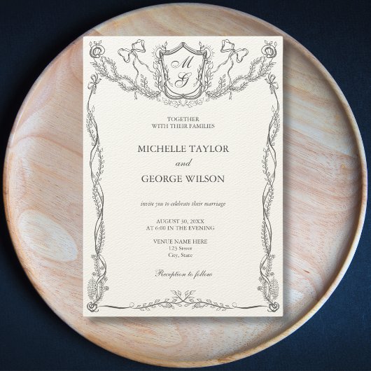Invitation Classic Formal Élégant Floral Bow Crest Monogramme