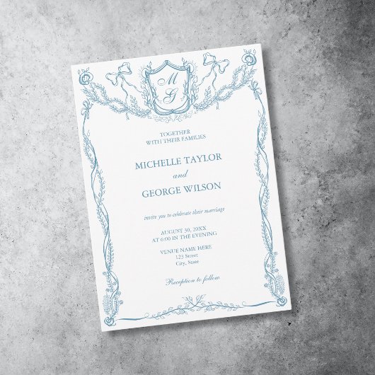 Invitation Classic Formal Élégant Français Bleu Crest Monogra