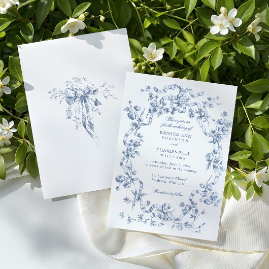 Invitation Classic French Blue Flowers & Ribbons Wedding