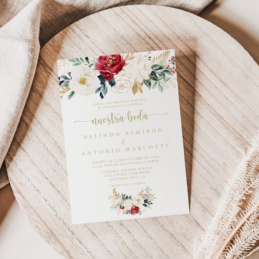 Invitation Classic Gold Bourgogne Blanc Floral Nuestra Boda