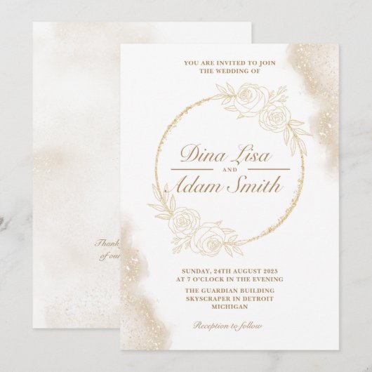 Invitation Classic Gold Floral Elegant Chic Mariage (Devant / Derrière)