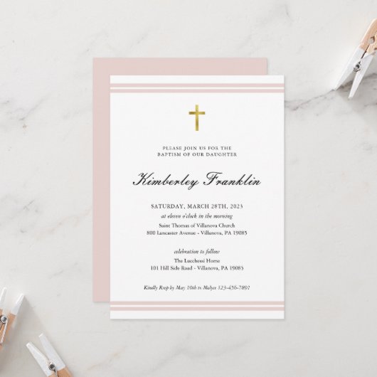 Invitation Classic Gold Foil Girls Baptism Communion Invitat (Devant/Arrière en situation)