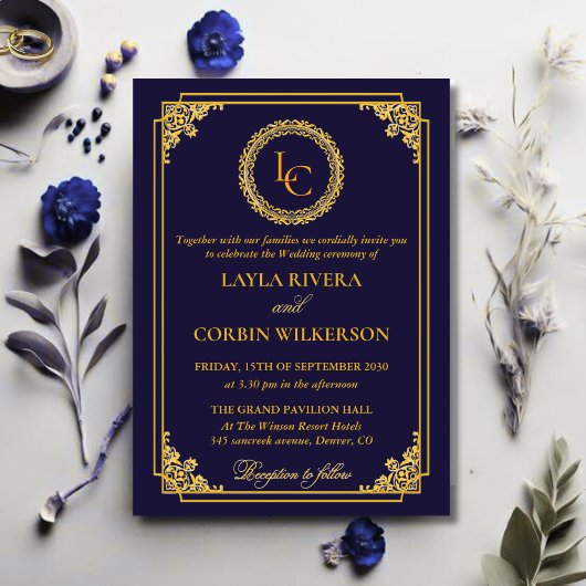 Invitation Classic Gold Frame Royal Monogram Wedding