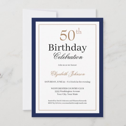 Invitation Classic Gold Navy Blue 50th Birthday Party (Devant)