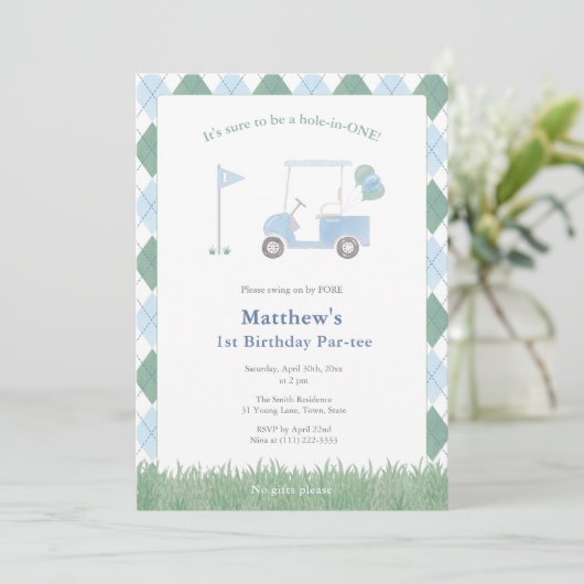 Invitation Classic Golf Pattern 1st Birthday Par-tee Party (Debout devant)
