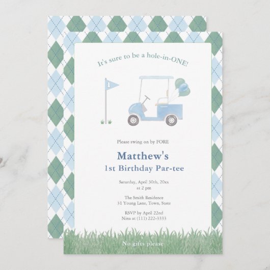 Invitation Classic Golf Pattern 1st Birthday Par-tee Party (Devant / Derrière)