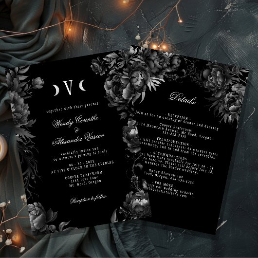 Invitation Classic Gothique Lune Noire Monogramme Détails du
