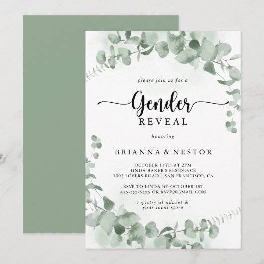 Invitation Classic Green Eucalyptus Genre Revevela Party (Devant / Derrière)