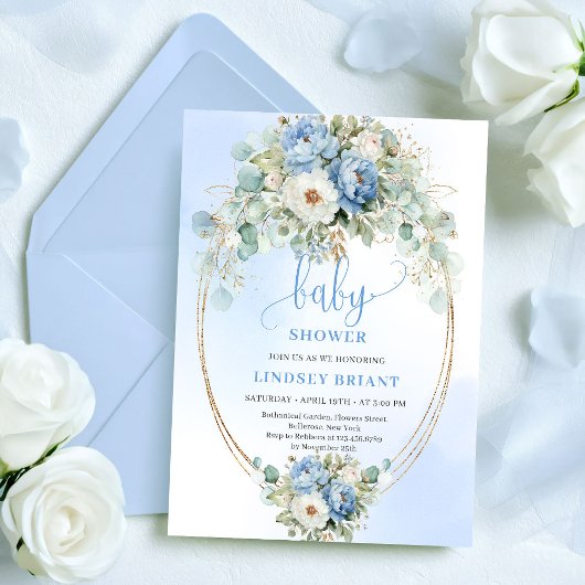 Invitation Classic Light Blue Peonies Eucalyptus Baby Shower