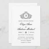 Invitation Classic Luxe noir & blanc Crest Monogram Mariage (Devant / Derrière)