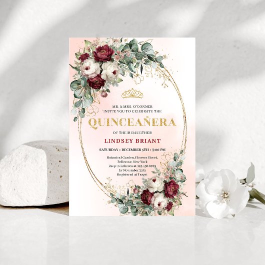 Invitation Classic Maroon Floral Greenery Quinceañera Invite
