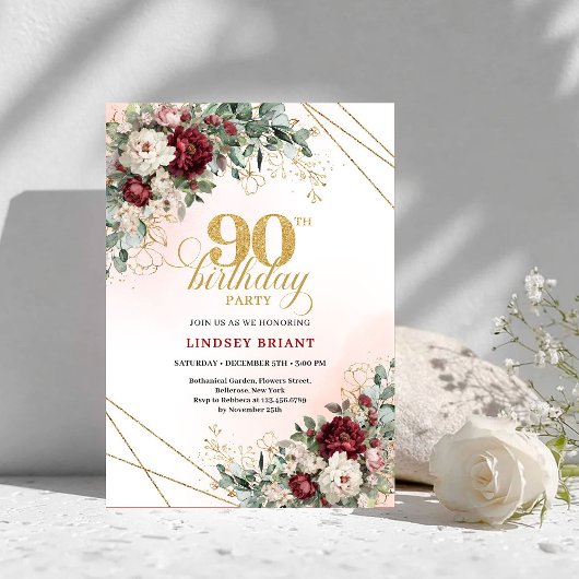 Invitation Classic Marsala Floral Greenery 90th Birthday