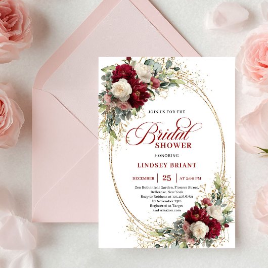 Invitation Classic Marsala Roses Gold Bridal Shower Invites