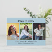 Invitation Classic Minimal 3 Photos Blue 2025 Graduation (Debout devant)