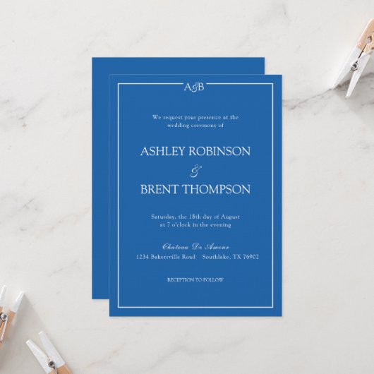 Invitation Classic Minimalist Something Blue and White (Devant/Arrière en situation)