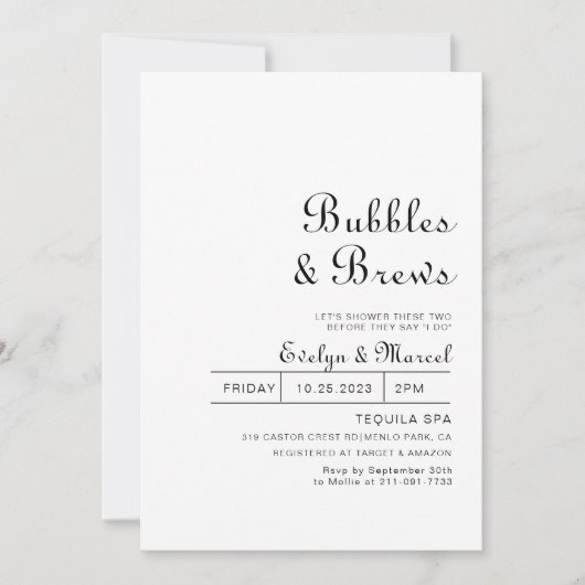 Invitation Classic Minimaliste Bubbles & Brews Douche nuptial (Devant)