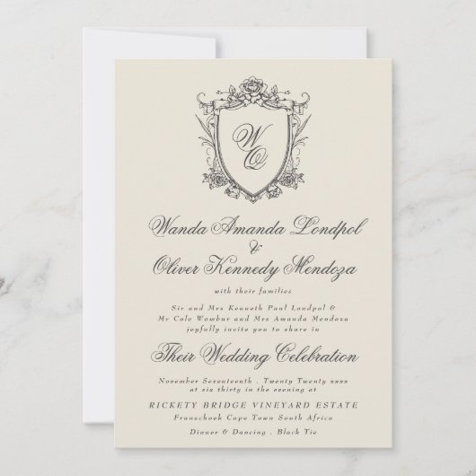 Invitation Classic Monogram Beige Formal Floral Crest Wedding (Devant)
