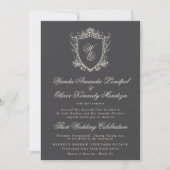 Invitation Classic Monogram Charcoal Floral Crest Wedding (Devant)