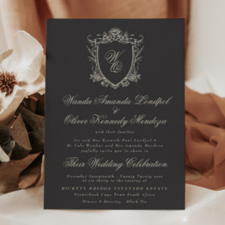 Invitation Classic Monogram Charcoal Floral Crest Wedding