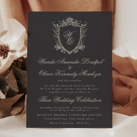 Invitation Classic Monogram Charcoal Floral Crest Wedding