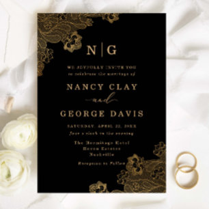 Invitation Classic Monogram Or dentelle Ornate noir Mariage
