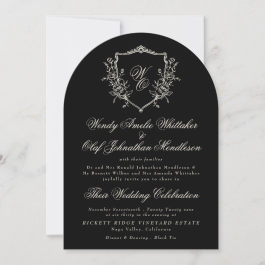 Invitation Classic Monogram Wreath Black White Arch Wedding (Devant)