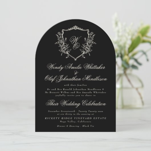 Invitation Classic Monogram Wreath Black White Arch Wedding (Debout devant)