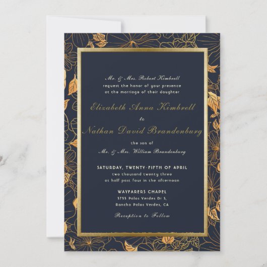 Invitation Classic Navy Blue et Gold Floral Mariage Invitati (Devant)