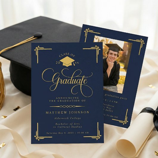 Invitation Classic Navy Blue Gold Graduation