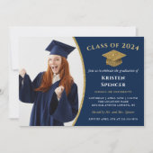 Invitation Classic Navy Blue Gold Photo Graduation (Devant)