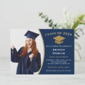 Invitation Classic Navy Blue Gold Photo Graduation (Debout devant)