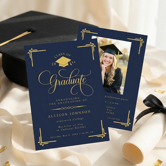 Invitation Classic Navy Blue Gold Photo Graduation