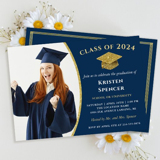 Invitation Classic Navy Blue Gold Photo Graduation