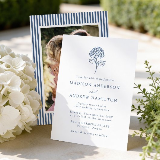 Invitation Classic Navy Blue Hydrangea Photo Wedding