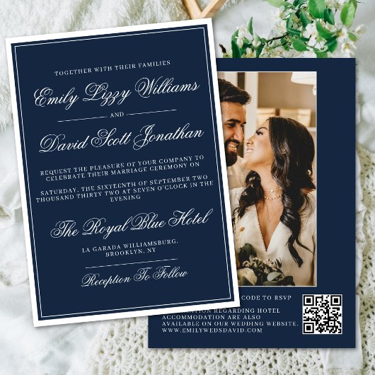 Invitation Classic Navy Blue Regal Photo QR traditionnelle