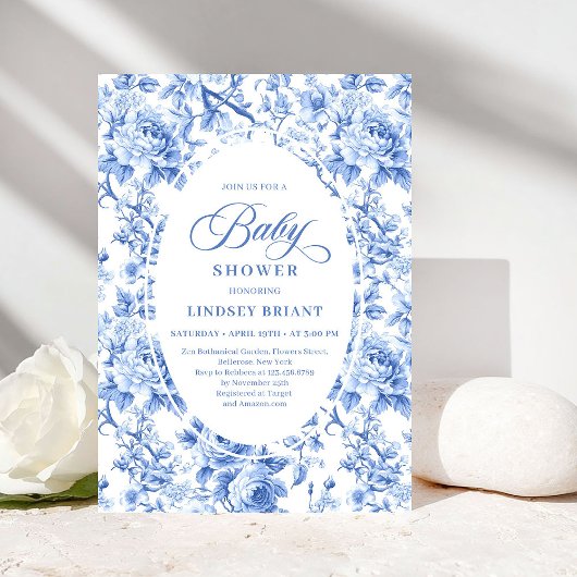 Invitation Classic Navy Blue Toile Rose Baby Shower Invites