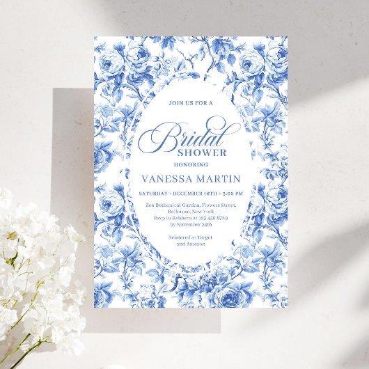 Invitation Classic Navy Blue Toile Rose Bridal Shower Invite