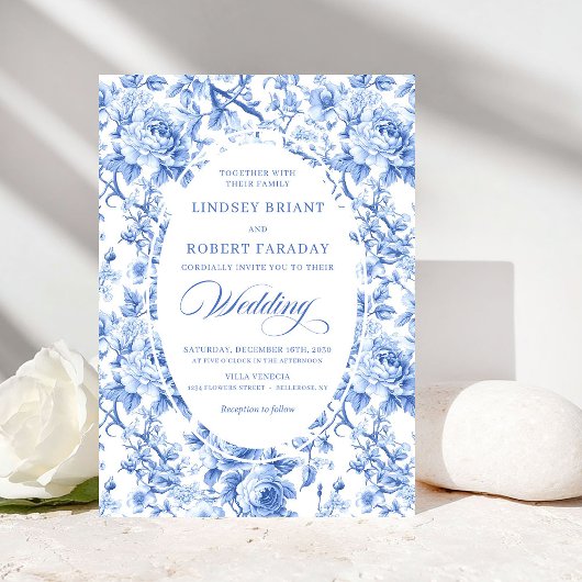 Invitation Classic Navy Blue Toile Rose Formal Wedding Invite