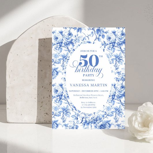 Invitation Classic Navy Blue Toile Roses 50th Birthday Invite