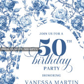 Invitation Classic Navy Blue Toile Roses 50th Birthday Invite