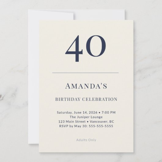 Invitation Classic Navy & Cream 40th Birthday Celebration Inv (Devant)