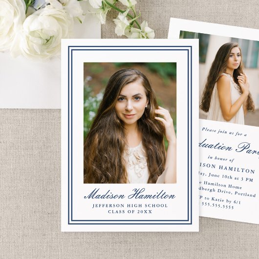Invitation Classic Navy Double Border Frame Photo Graduation