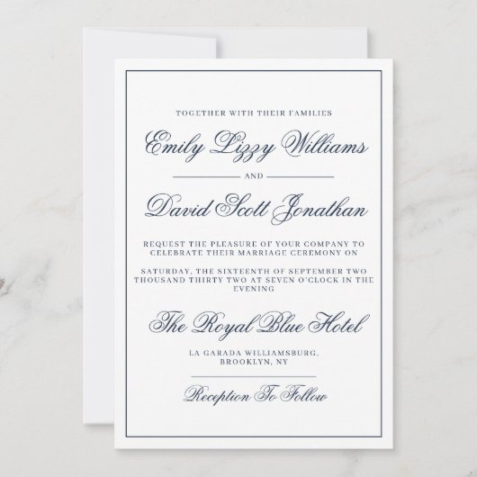 Invitation Classic Navy Élégance Script Regal (Devant)