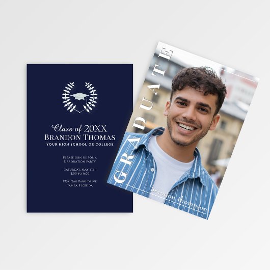 Invitation Classic Navy Photo Graduation Announcement