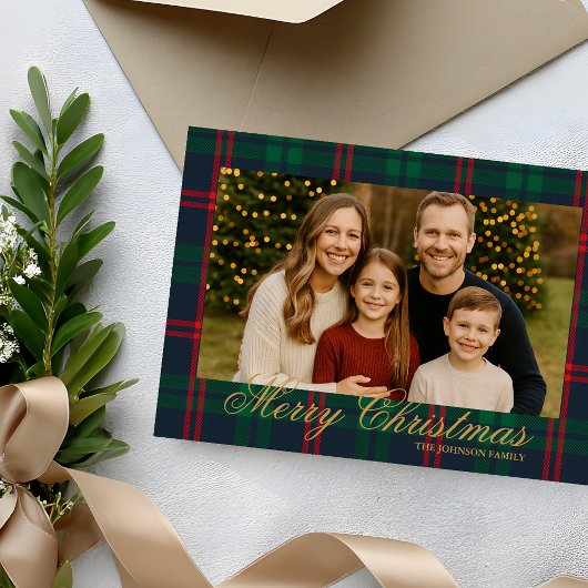 Invitation Classic Navy Tartan Plaid Photo Christmas Card
