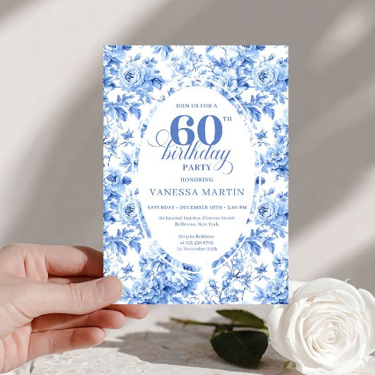 Invitation Classic Navy Toile Roses 60th Birthday Invite 