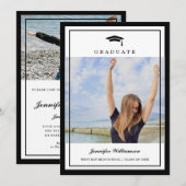 Invitation Classic noir & blanc Script Graduation Deux photos (Devant / Derrière)