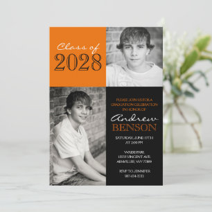 Invitation Classic noir et orange 2 Photo Graduation